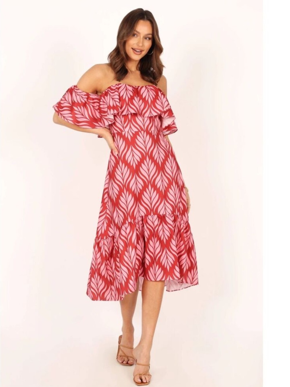 Petal & Pup Neoma Strapless Midi Dress Red Pink Palm Print Size XL